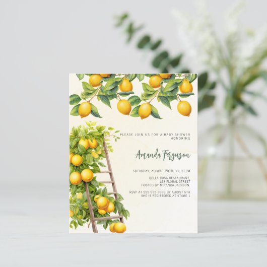 Citrus geel budget baby shower uitnodiging (Staand voorkant)