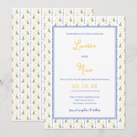 Citrus Geel en Blauw Italiaans Chic bruiloft Kaart (Voorkant / Achterkant)