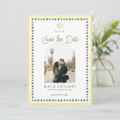 Citrus Gele Kust Zeeschelp Monogram Bruiloft Save The Date (Staand voorkant)