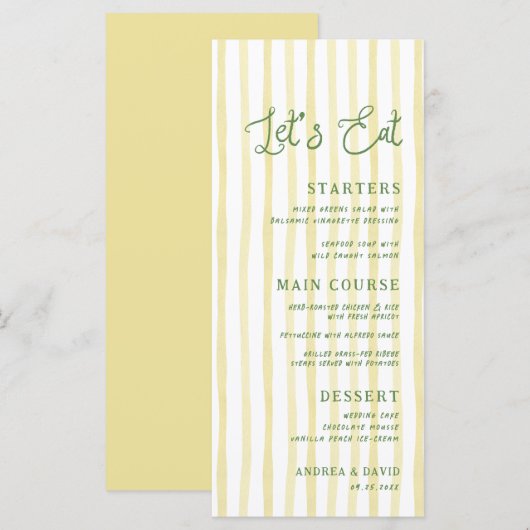 Citrus Gele Streep Handgeschreven Eiland Bruiloft Menu (Voorkant / Achterkant)