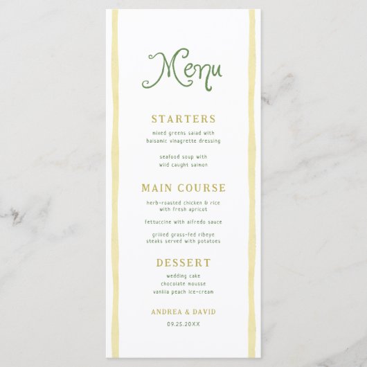 Citrus Gele Streep Kuststrand Zomer Bruiloft Menu (Voorkant)
