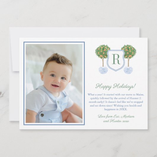 Citrus Gelukkig Kerstmis Monogram Wapenschild Afbe Feestdagenkaart (Voorkant)