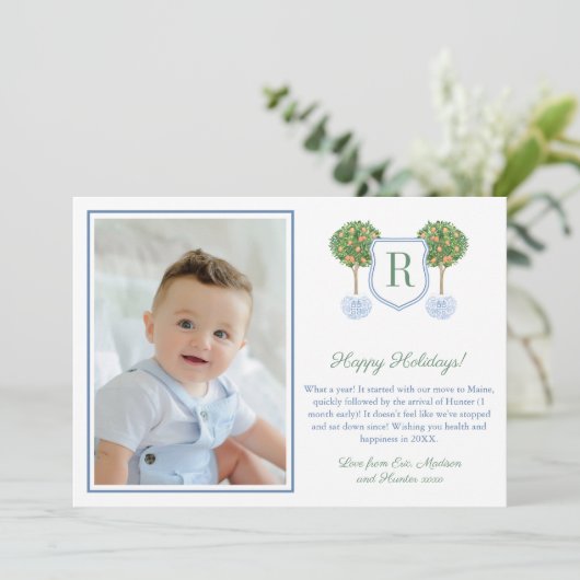 Citrus Gelukkig Kerstmis Monogram Wapenschild Afbe Feestdagenkaart (Staand voorkant)