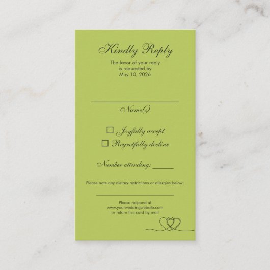 Citrus Green Elegant Calligraphy Wedding RSVP Card Visitekaartje (Voorkant)