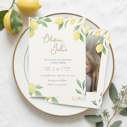 Citrus Green Lemon Wedding Invitation Photo Back Kaart