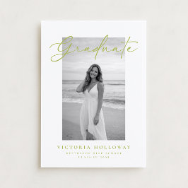 Citrus Green Script Photo Graduation Announcement  Kaart