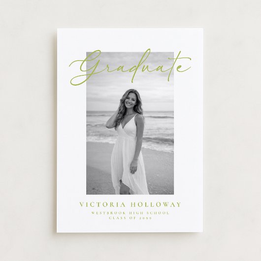 Citrus Green Script Photo Graduation Announcement  Kaart