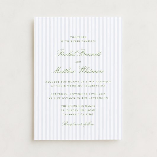 Citrus Green Stripe Elegant Wedding Invitation Kaart