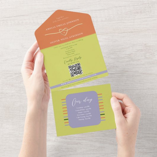 Citrus Green Striped Timeline Wedding All In One Uitnodiging (Afscheurbaar)