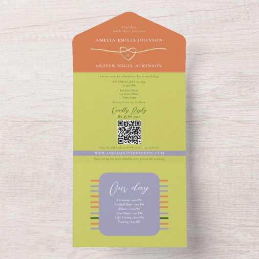 Citrus Green Striped Timeline Wedding All In One Uitnodiging (Binnen)