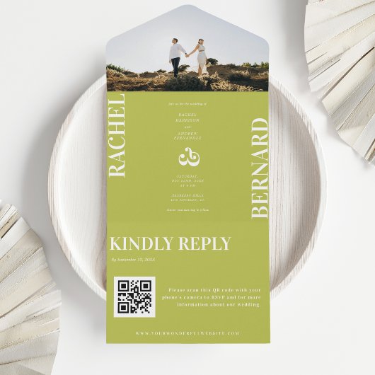 Citrus Green & White Typography QR Code Wedding All In One Uitnodiging