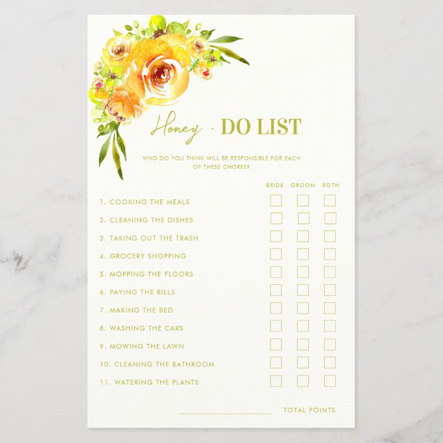 Citrus Green Yellow Floral Honey Do List Game (Voorkant)