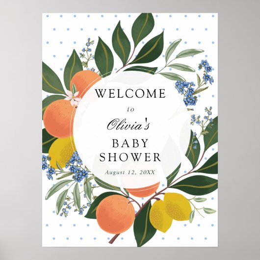 Citrus Greenery Blue Baby shower Welcome Sign Poster (Voorkant)