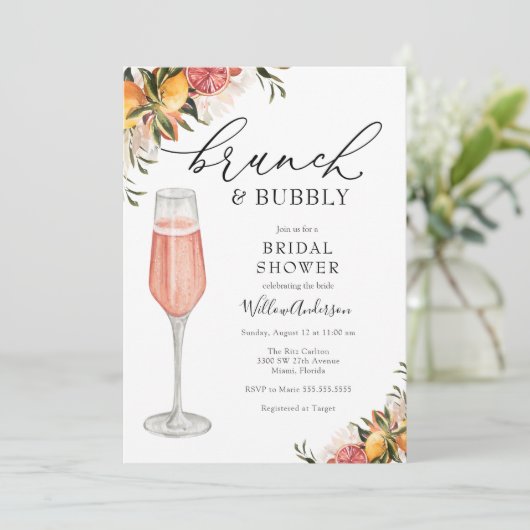 Citrus Greenery Brunch en Bubble Vrijgezellenfeest Kaart (Staand voorkant)