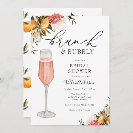 Citrus Greenery Brunch en Bubble Vrijgezellenfeest Kaart (Voorkant / Achterkant)