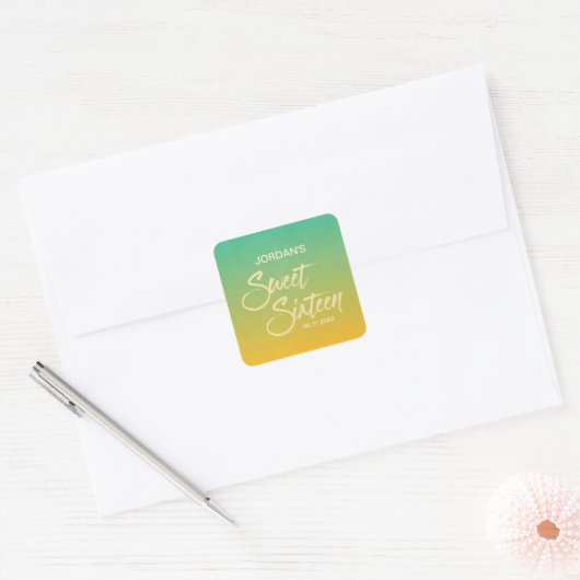 Citrus Groen & Sinaasappel Gradient Sweet 16 Verja Vierkante Sticker (Envelop)
