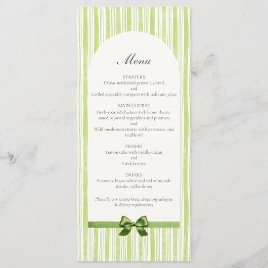 Citrus Groene Gestreepte Retro Bruiloft Menu (Voorkant)