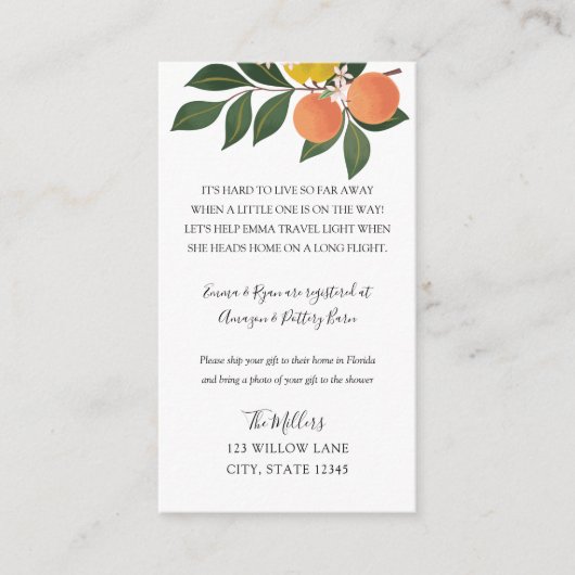 Citrus Lange afstand baby shower invoegen Informatiekaartje (Voorkant)