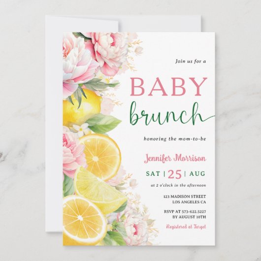 Citrus Lemon Baby Brunch Meisje Roze Bloemen Kaart (Voorkant)