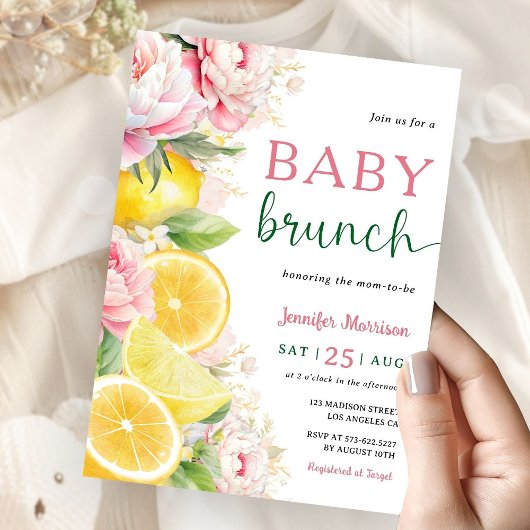 Citrus Lemon Baby Brunch Meisje Roze Bloemen Kaart