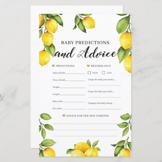 Citrus Lemon Baby Predications and Advice Game (Voorkant / Achterkant)