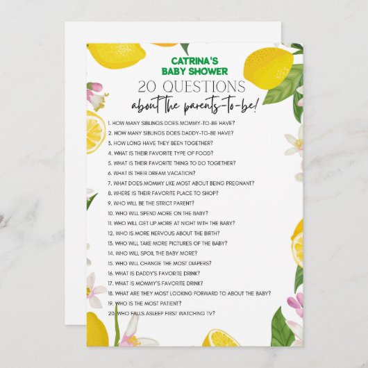 Citrus Lemon Baby shower - bewerkbare naam, 5x7 Kaart (Voorkant / Achterkant)