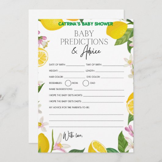 Citrus Lemon Baby shower - bewerkbare naam, 5x7 Kaart (Voorkant / Achterkant)