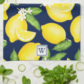 Citrus Lemon Botanical Monogram Navy Blue Theedoek (Gevouwen)