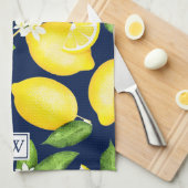 Citrus Lemon Botanical Monogram Navy Blue Theedoek (Quarter Fold)