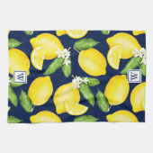 Citrus Lemon Botanical Monogram Navy Blue Theedoek (Horizontaal)