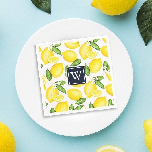 Citrus Lemon Botanical Navy Monogram Servet