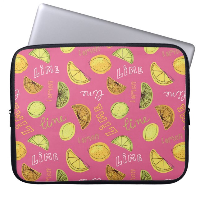 Citrus Lemon en Limoen roze fruitpatroon Laptop Sleeve (Voorkant)