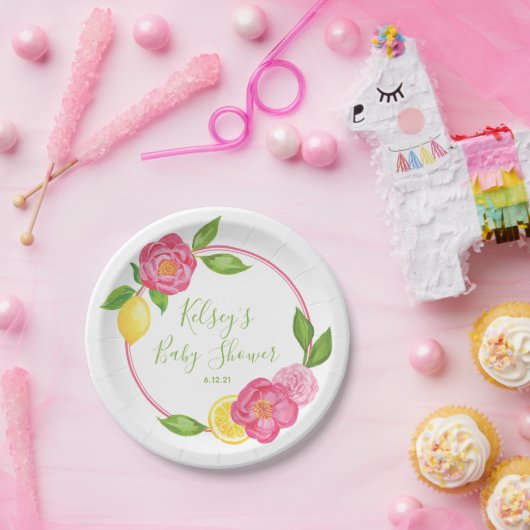 Citrus Lemon Floral Baby shower Lemon Rozen Paper  Papieren Bordje (Feest)