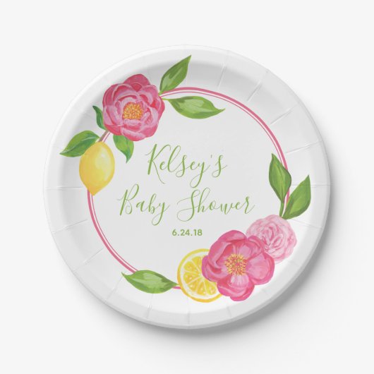 Citrus Lemon Floral Baby shower Lemon Rozen Papieren Bordje (Voorkant)