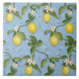 Citrus Lemon Floral Dusty Blue Greenery Pattern Tegeltje