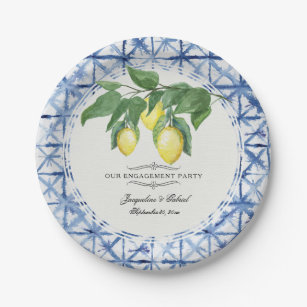 Citrus Lemon Floral Foliage Blue White Verloving Papieren Bordje