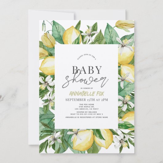 Citrus Lemon Floral Waterverf Baby shower Kaart (Voorkant)