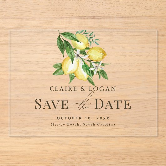 Citrus Lemon Floral Waterverf Save the Date Acryl Uitnodigingen (Voorkant)
