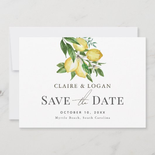 Citrus Lemon Floral Waterverf Save the Date Kaart (Voorkant)