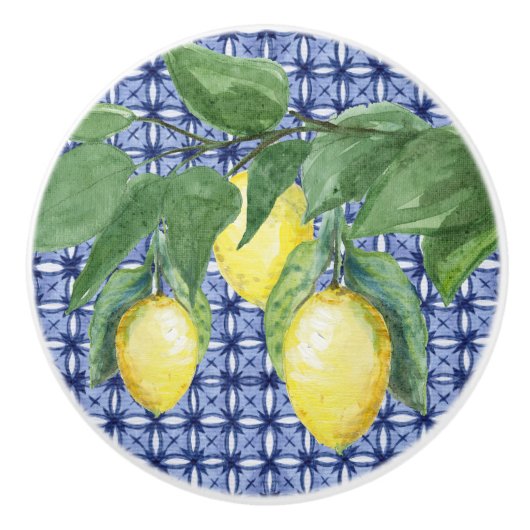 Citrus Lemon Foliage Waterverf Pattern Blue Keramische Knop (Voorkant)
