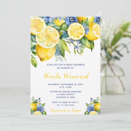 Citrus Lemon Mediterraan Baby shower Kaart (Staand voorkant)