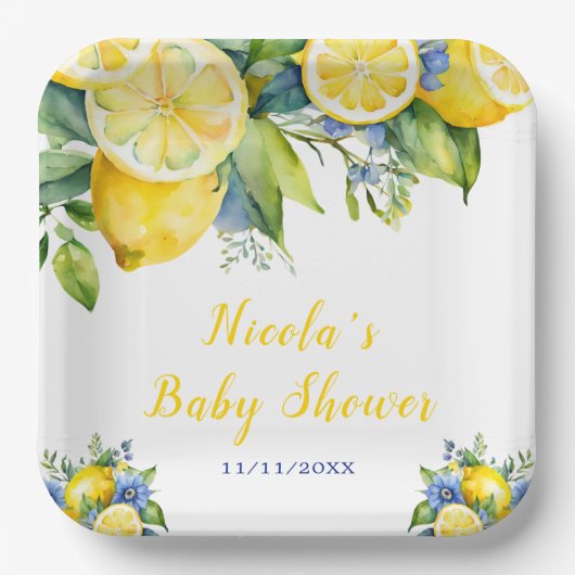 Citrus Lemon Mediterraan Baby shower Papieren Bordje (Voorkant)