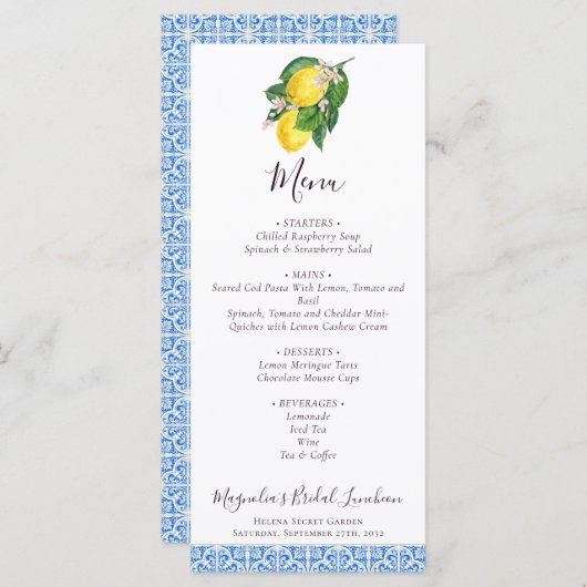Citrus Lemon Mediterranean Blue Bridal Luncheon Menu (Voorkant / Achterkant)
