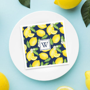 Citrus Lemon Navy Blue Monogram Napkins Servet