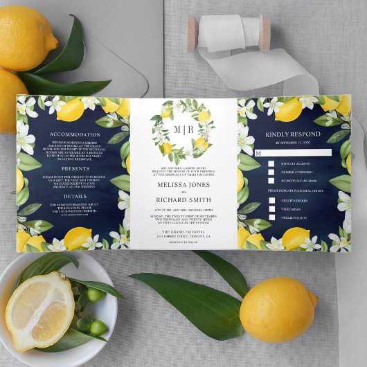 Citrus Lemon Orchard All in One Navy Blue Wedding Drieluik Uitnodiging