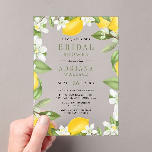 Citrus Lemon Orchard Bridal Shower Acryl Uitnodigingen (Insitu (Draagbaar))