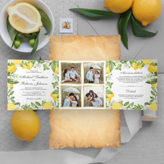 Citrus Lemon Orchard Foto Collage Wedding Drieluik Uitnodiging