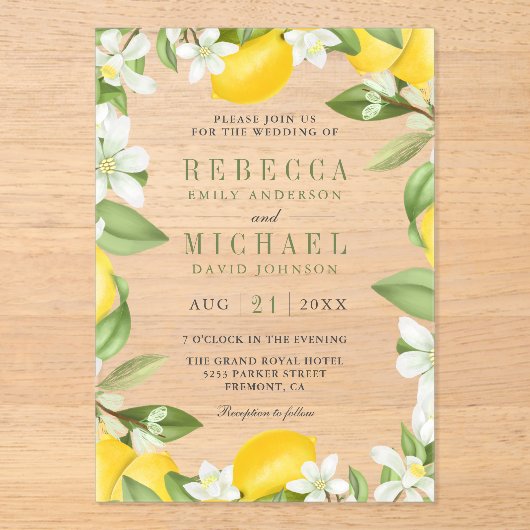 Citrus Lemon Orchard Wedding Acryl Uitnodigingen (Voorkant)