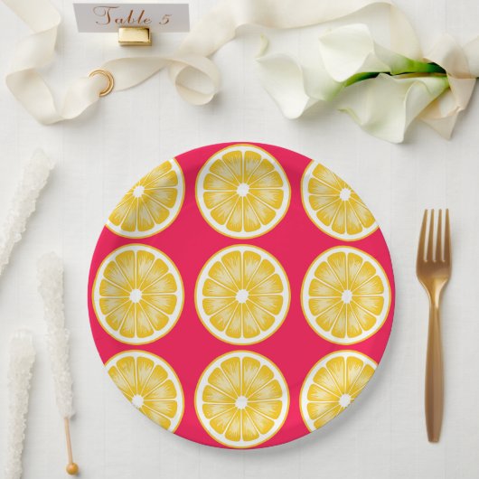 Citrus Lemon Slice Hot Pink & Yellow Papieren Bordje (Huwelijk)