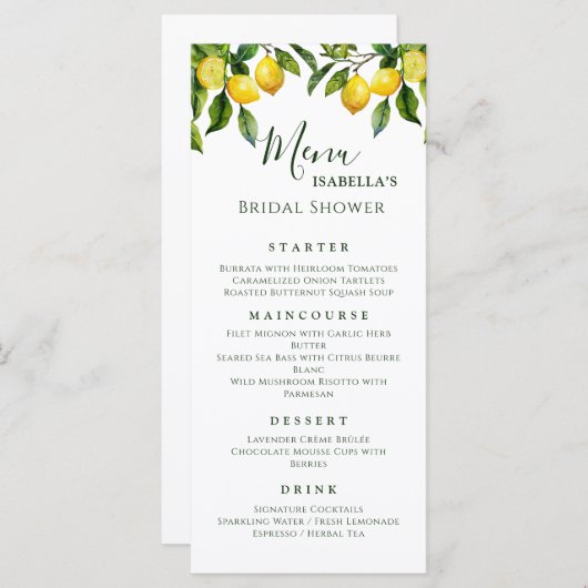 Citrus Lemon Vrijgezellenfeest Menu (Voorkant / Achterkant)